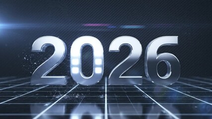 A dynamic 3D rendering of the year 2026, presented in sleek, reflective chrome numbers against a dark, textured background with futuristic glowing grid lines. Subtle lens flares and digital particle e - Powered by Adobe