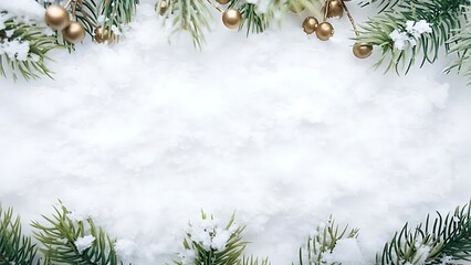 a winter scene displays evergreen branches adorned with golden ornaments amidst a soft blanket of fresh glistening white snow creating a festive border high quality professional