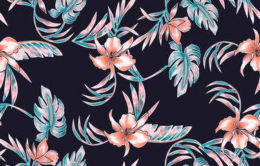 Seamless dark tropical pattern with neon coral flowers and teal palm leaves for summer fashion. © dan