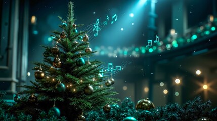 A christmas tree decorated with ornaments and music notes