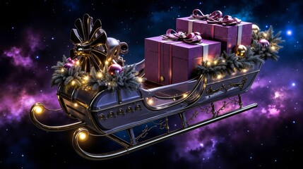 A sleigh filled with presents flying through the night sky