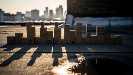 a miniature wooden cityscape is artfully arranged on a rooftop silhouetted against a blurred urban backdrop at dusk casting long shadows high quality professional detailed modern