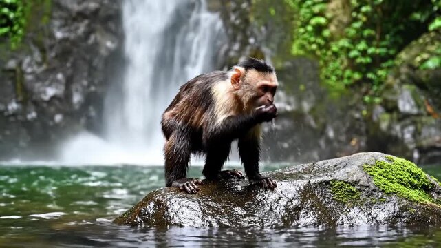 In a vibrant rainforest, a curious monkey playfully interacts with its rocky surroundings near a sparkling waterfall. With the sun shining, it showcases its natural charm.