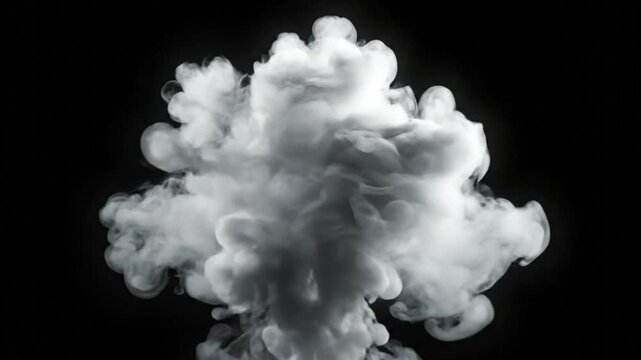 Epic slow motion white smoke cloud explosion on a deep black background, cinematic effect