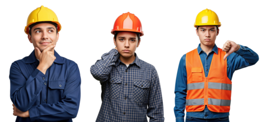 Three young adult male construction workers in hard hats showing different emotions: thoughtful, worried, and disapproving with a thumbs down gesture
