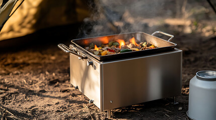 Sizzling supper under the open sky. This portable stove turns camping cuisine into a gourmet experience. Cooking delicious, colorful veggies on a portable outdoor stove.