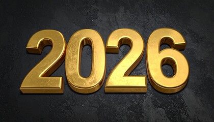 Bold gold “2026” with stylized “HAPPY” and typo “NEIEW NYEAR” on dark festive background with confetti.
