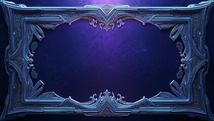 A liquid-metal fantasy interface frame glowing with animated light lines over engraved myths, set against a deep blue-purple gradient with cinematic volumetric lighting, ideal for sci-fi UI design 
