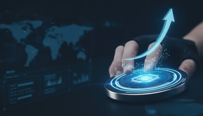 Cyber warfare protection concept with hand interacting on digital chip interface and rising arrow symbolizing security growth