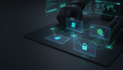 Cyber warfare protection concept with hacker using digital interface and security icons in dark environment