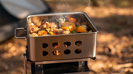 Outdoor cooking adventure: a portable stove heats up a delicious mix of meat and veggies, creating a campsite feast. The aromatic steam rises against nature's backdrop.