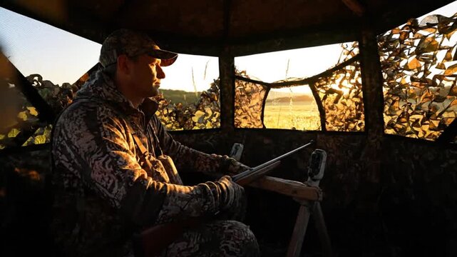 Hunter sits inside camouflage blind watching the sunrise over a tranquil field waiting for wildlife.