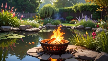 Peaceful garden pond with a fire pit, water lilies, flowers, and trees under a bright, sunlit sky