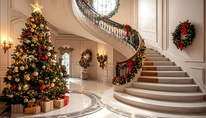 Opulent foyer featuring a festive Christmas tree beside a grand, winding staircase adorned with holiday decorations