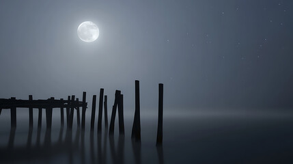 Serene night scene: full moon casts light over tranquil waters, illuminating a dilapidated pier. A few stars dot the dark sky, creating a peaceful, almost ethereal ambiance.