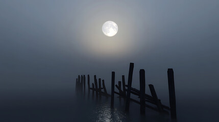 An eerie scene unfolds at dusk. The moon casts light over the water and broken wooden dock posts creating a misty atmosphere. It's quiet and peaceful and full of mystery.