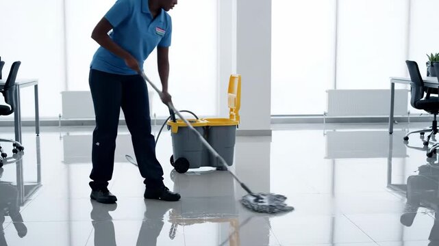 Office Cleaning Service - An African American woman mops a shiny tiled office floor with a gray and yellow mop bucket nearby.