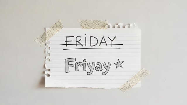 Handwritten Word &ldquo;Friyay&rdquo; on Paper Taped to a Wall