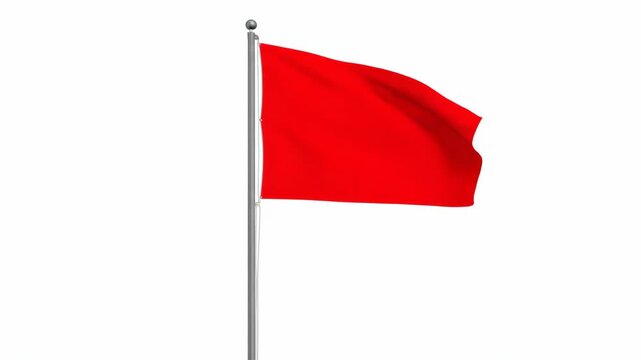 Red Warning Flag on a Pole - This stock video shows a solid red flag blowing on a metal flagpole against a plain white background.