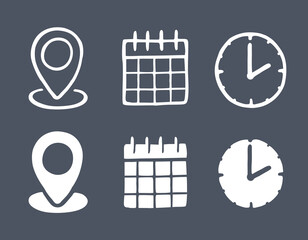 venue date time icons illustration cartoon white vector doodle clock location calendar place icon set gray