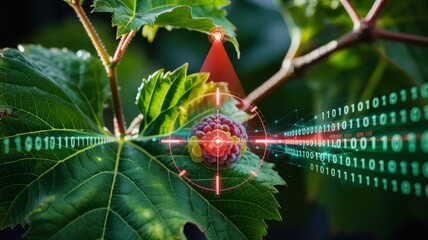 Panoramic grape leaf with digital disease scanning target interface
