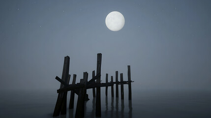 Serene moonlit scene featuring weathered wooden pier remnants rising from calm water under a night sky dotted with faint stars. The moon casts a gentle glow.