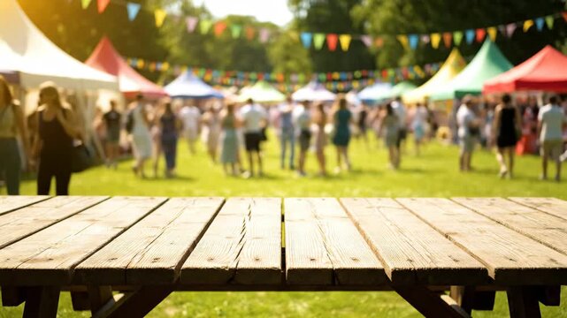Picnic Table at Outdoor Festival - A close-up shot shows a weathered wooden picnic table in the foreground, with a bustling outdoor festival blurred in the background.