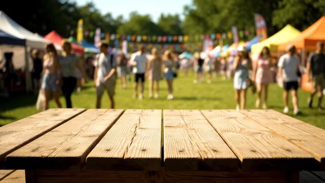 Empty Picnic Table at Outdoor Festival - This video shows a blurred background of an outdoor festival or market event with tents and people walking around.