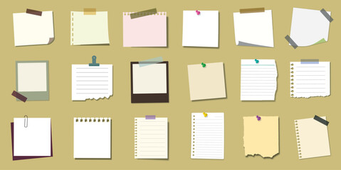 Collection of blank paper notes, taped memo sheets, torn pages and pinned reminders on a neutral background, perfect for stationary designs, mockups, planners and creative layouts.