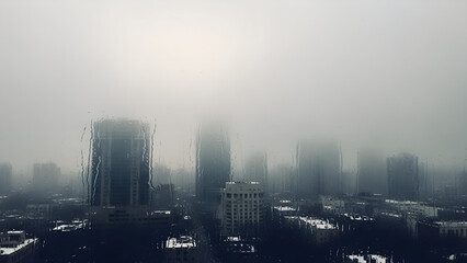 City skyline shrouded in fog during winter morning light  