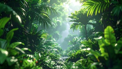 Lush jungle path with vibrant green foliage, dappled light, and an inviting, slightly blurred, perspective