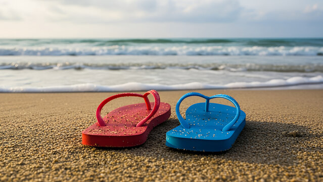 Colorful flip flops on sandy beach beside ocean waves - Powered by Adobe