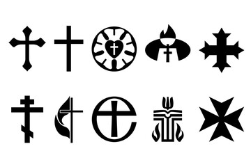 Christian cross icon set. Religion, latin cross silhouette, faith cross, crosses