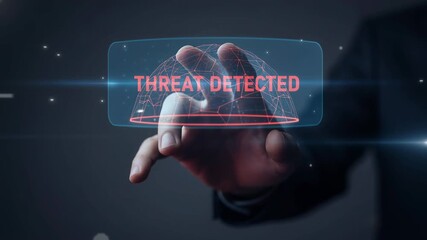 Businessman's hand interacting with a futuristic holographic interface displaying a threat detected alert, representing advanced cybersecurity technology and data protection against virtual attacks - Powered by Adobe