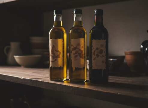 Three bottles of olive oil and balsamic vinegar with blank labels arranged on a wooden kitchen shelf, ready for customization and brand promotion - Powered by Adobe