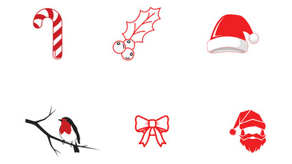 Collection of festive red christmas icons including candy cane, holly, santa hat, robin, bow and santa face.