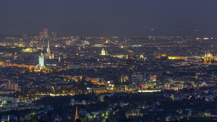 Skyline of Vienna from Danube Viewpoint Leopoldsberg aerial day to night timelapse.