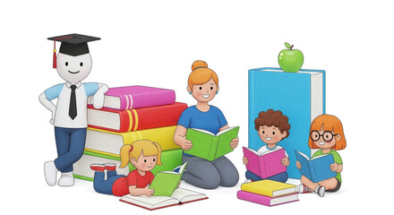 Joyful learning: children, teacher, graduate read books together.