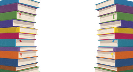 Colorful stacked books with blank central area for copy space