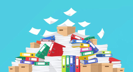 Giant stack of office documents, binders, boxes, and paperwork