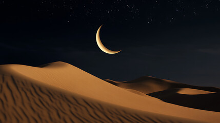 Obraz premium Desert night scene with a crescent moon and starlit sky, creating a peaceful ambiance over the sand dunes. The serene landscape shows the beauty of nature.