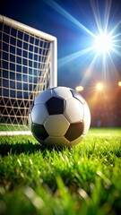Fototapeta premium Soccer ball on green grass field near goal post under bright stadium lights, ready for an evening match.