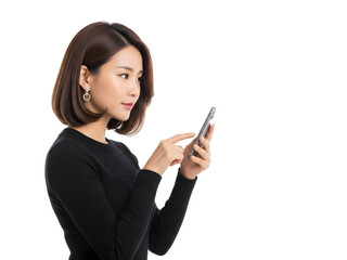 Attractive young woman engaging with mobile phone for seamless digital communication and online lifestyle management exploring apps and browsing content