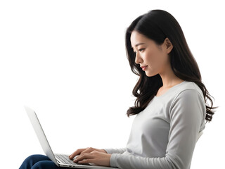 Focused young Asian woman professionally working on her laptop for remote communication and digital tasks demonstrating efficient online productivity and modern technology use