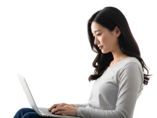Focused young Asian woman professionally working on her laptop for remote communication and digital tasks demonstrating efficient online productivity and modern technology use