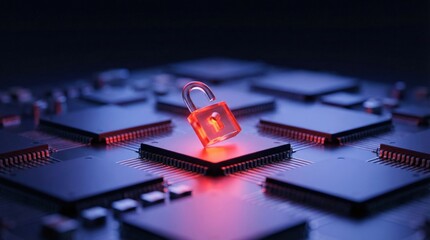 Red glowing padlock on central microchip, cybersecurity hardware protection