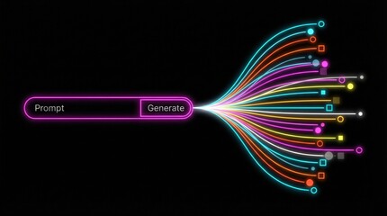 Neon prompt bar with colorful data streams, generative AI creativity concept