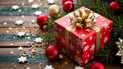 Red christmas gift box with gold ribbon and snowflakes surrounded by festive ornaments pine branches stars confetti on rustic wooden background holiday season present