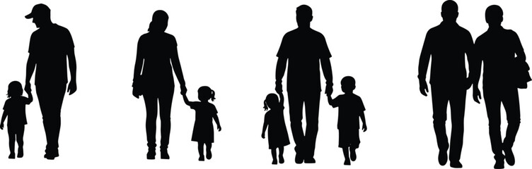 Silhouette of a Loving Family Walking Together Hand-in-Hand: Father, Mother, and Children Strolling Outdoors, Representing Parenthood, Unity, Childhood, 