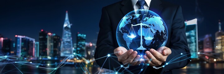 Businessman in suit holding glowing planet earth with justice scales icon over modern cityscape with network lines symbolizing global law and legal services